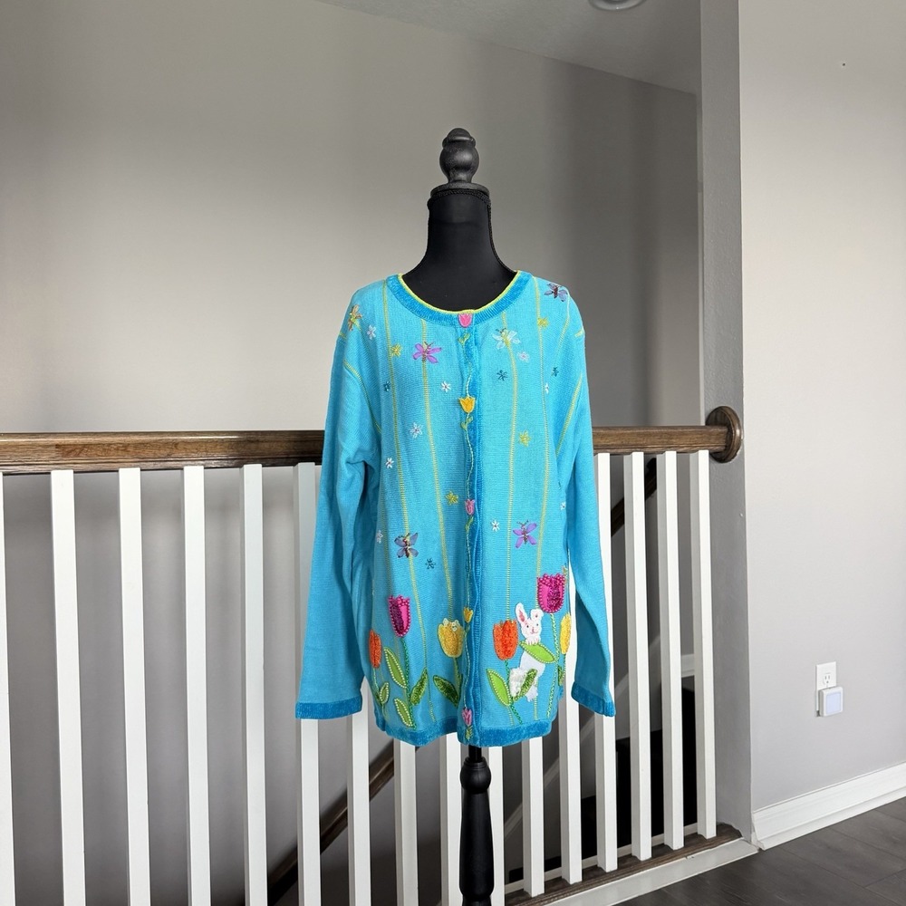 The Quacker Factory NWT Beaded Blue Cardigan Sweater Large Spring Easter‎ Bunny